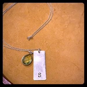 “S” initial silver tag necklace, light green stone
